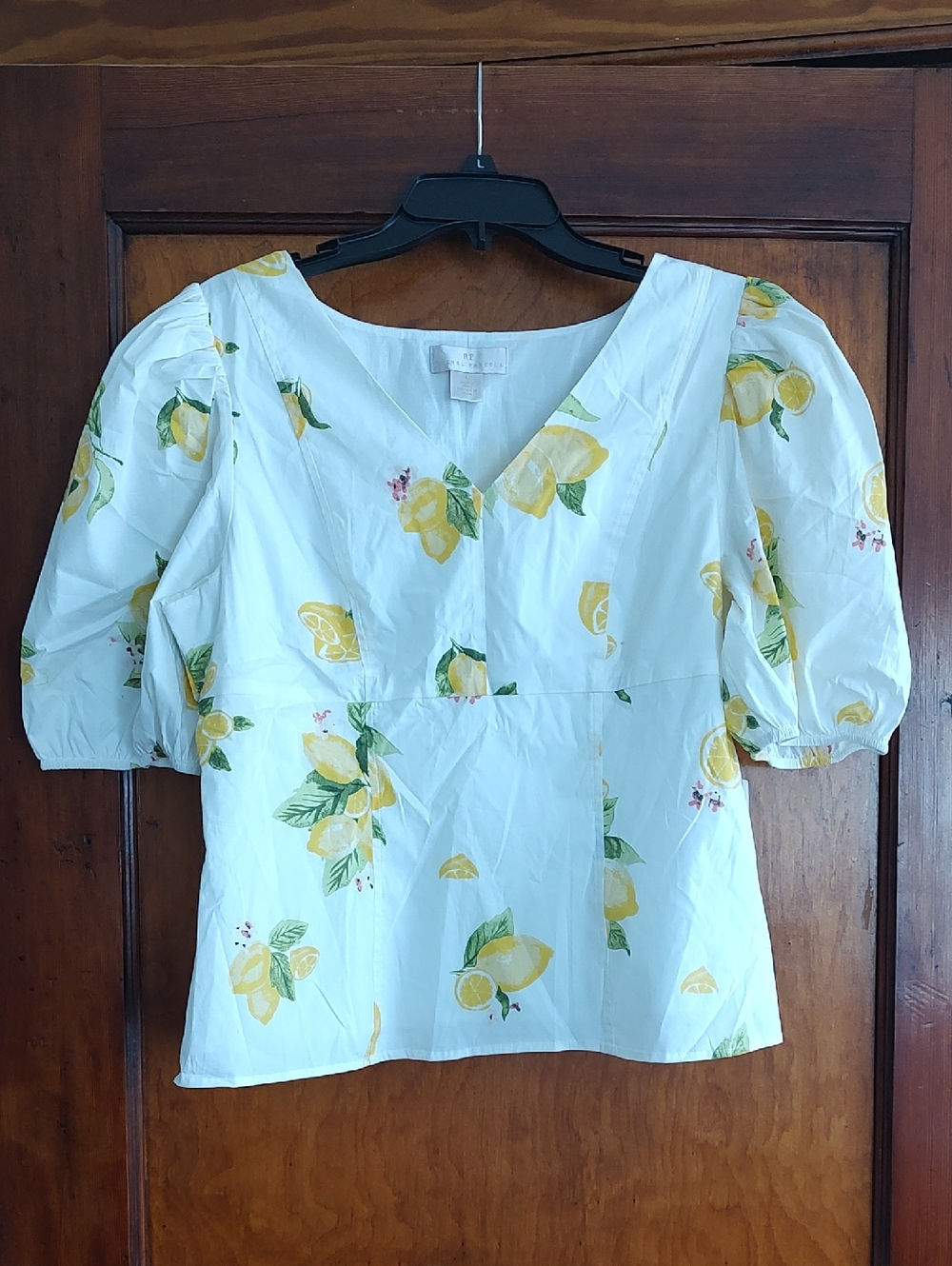 Rachel Parcell White Lemon Print V-Neck Puff Sleeve Blouse